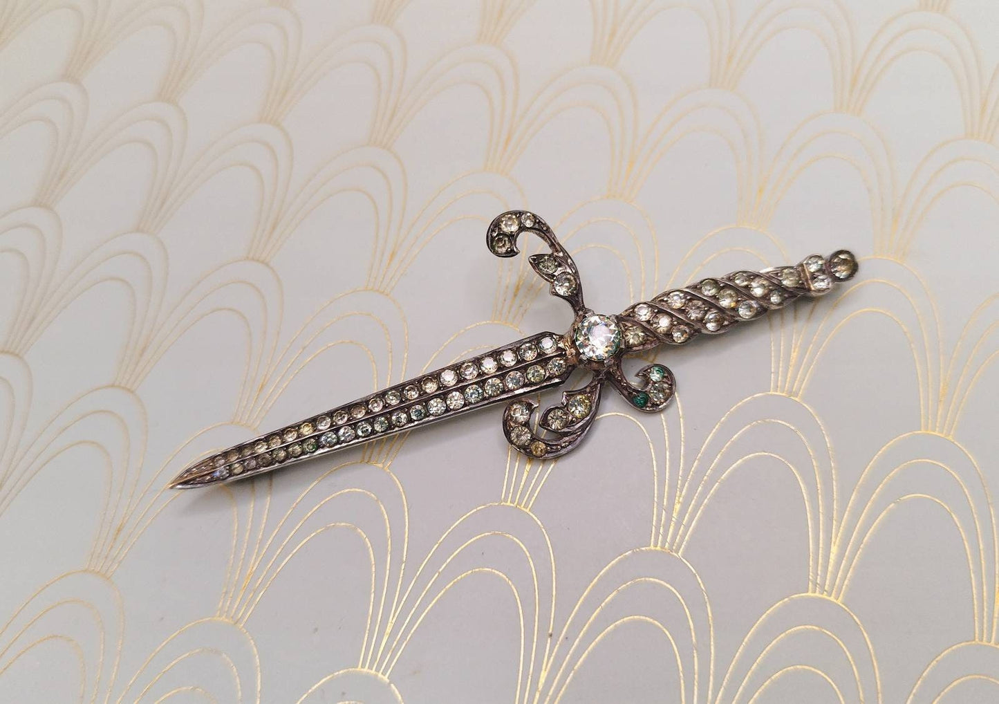 Rare Antique French Brooch, 1800's French Jewelry, Rare Luxury Diamond Dagger Brooch, Vintage Sword, Silver Paste, Rare Victorian Jewellery