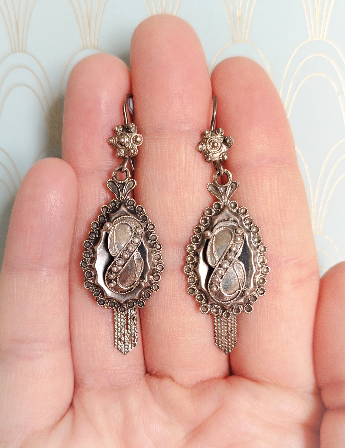 Luxury Antique Dutch Filigree Dangle Drop Earrings, Antique Silver Earrings, Portuguese Filigree, Antique Dormeuse Earrings, Gift for Her...