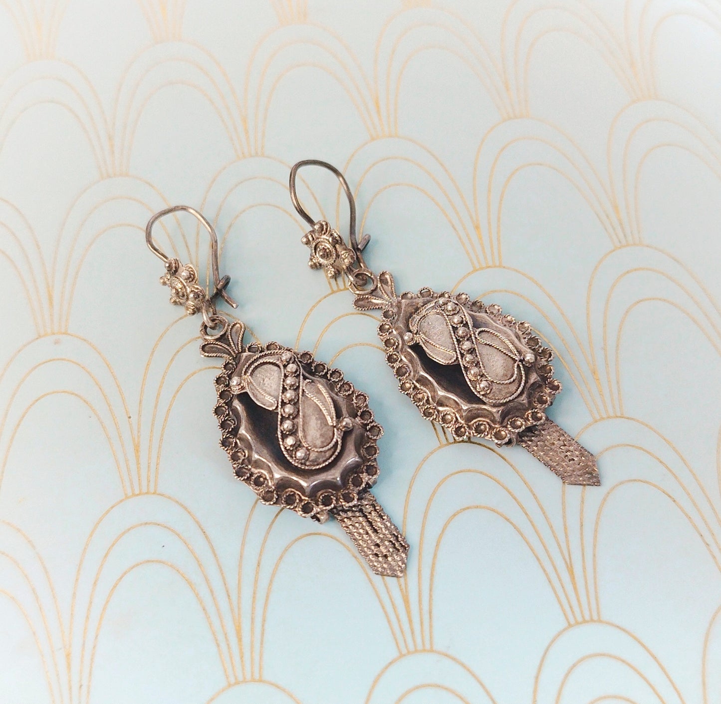 Luxury Antique Dutch Filigree Dangle Drop Earrings, Antique Silver Earrings, Portuguese Filigree, Antique Dormeuse Earrings, Gift for Her...
